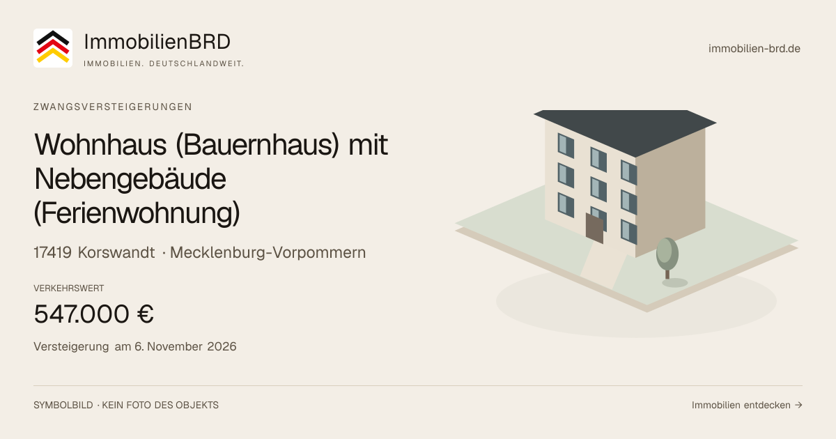 Symbolbild: Wohnhaus (Bauernhaus) mit Nebengebäude (Ferienwohnung) in Korswandt — Zwangsversteigerung, kein Foto des Objekts