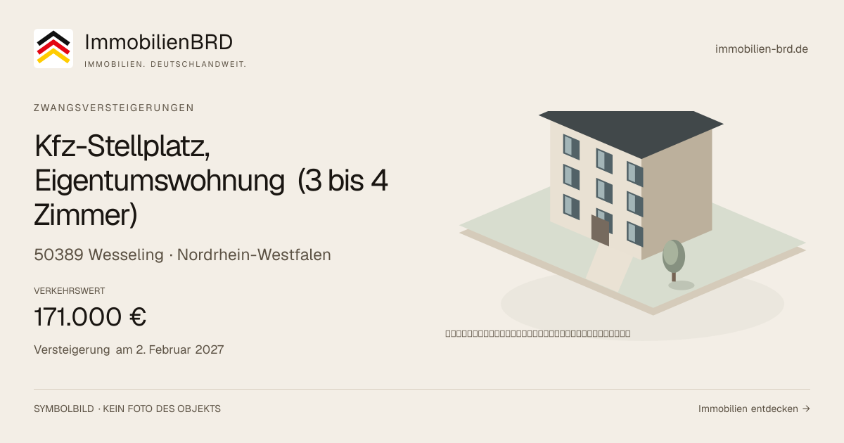 Symbolbild: Kfz-Stellplatz, Eigentumswohnung (3 bis 4 Zimmer) in Wesseling — Zwangsversteigerung, kein Foto des Objekts