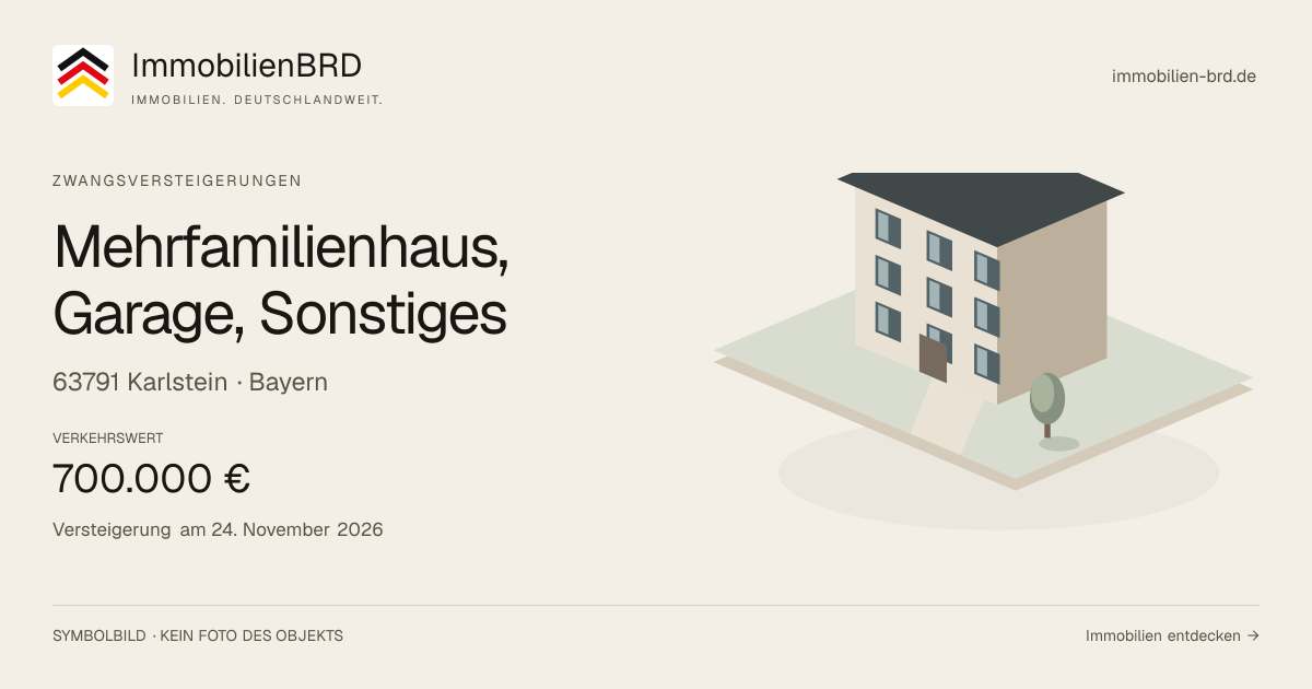 Symbolbild: Mehrfamilienhaus, Garage, Sonstiges in Karlstein — Zwangsversteigerung, kein Foto des Objekts