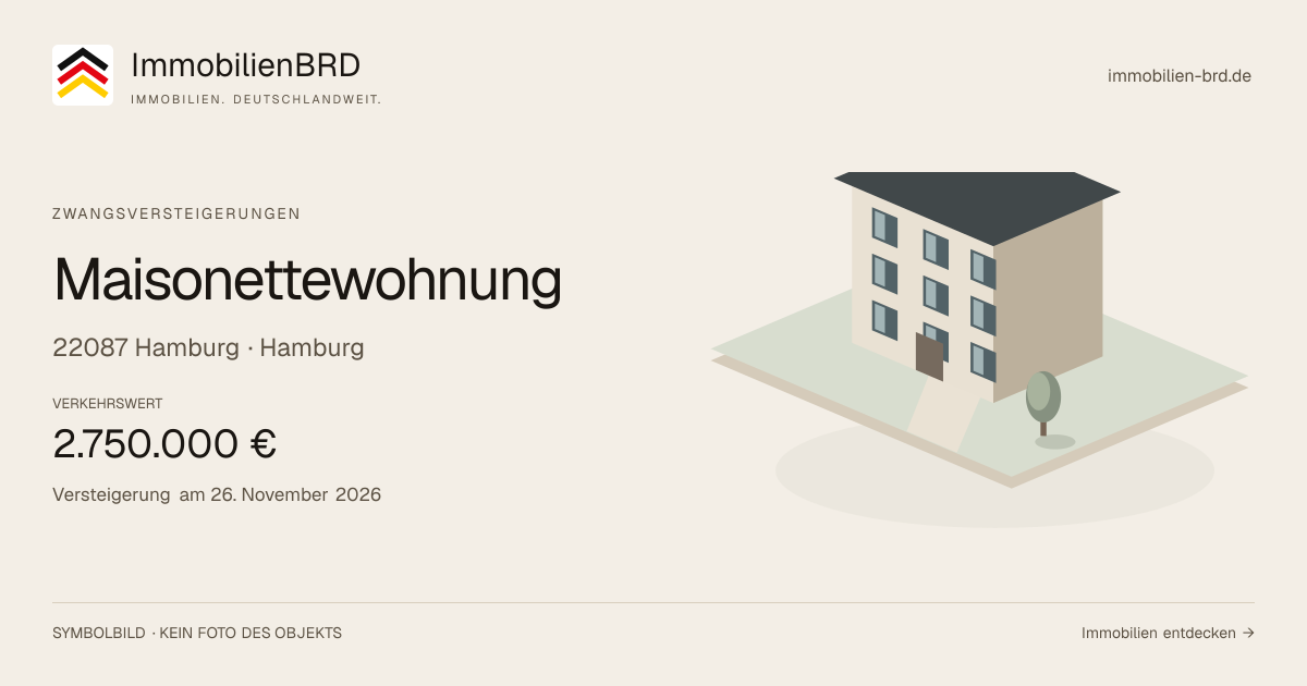 Symbolbild: Maisonettewohnung in Hamburg — Zwangsversteigerung, kein Foto des Objekts
