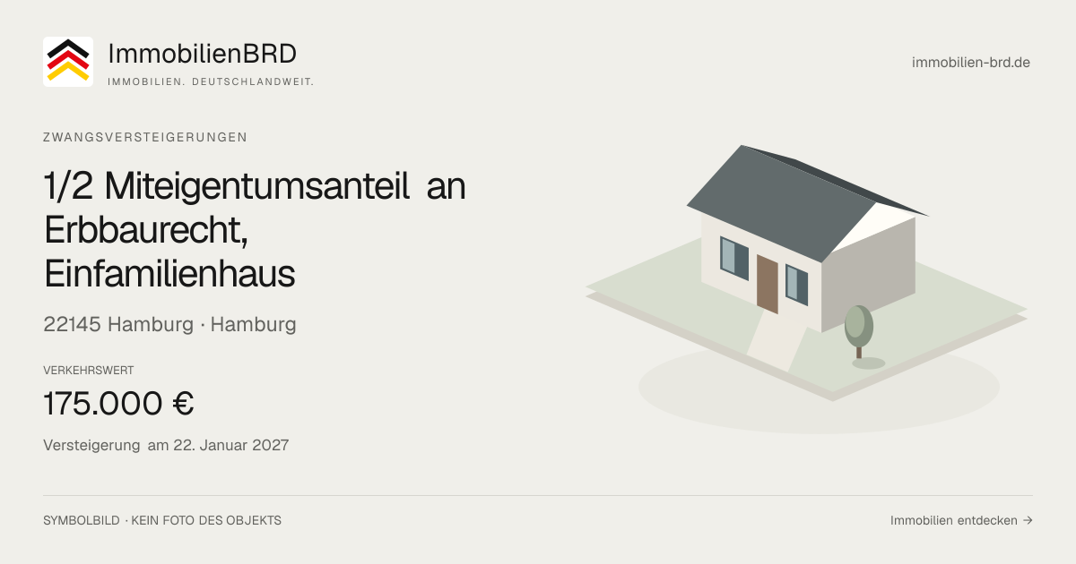 Symbolbild: 1/2 Miteigentumsanteil an Erbbaurecht, Einfamilienhaus in Hamburg — Zwangsversteigerung, kein Foto des Objekts
