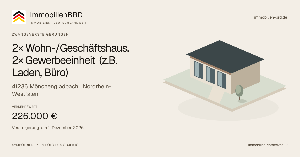 Symbolbild: 2× Wohn-/Geschäftshaus, 2× Gewerbeeinheit (z.B. Laden, Büro) in Mönchengladbach — Zwangsversteigerung, kein Foto des Objekts