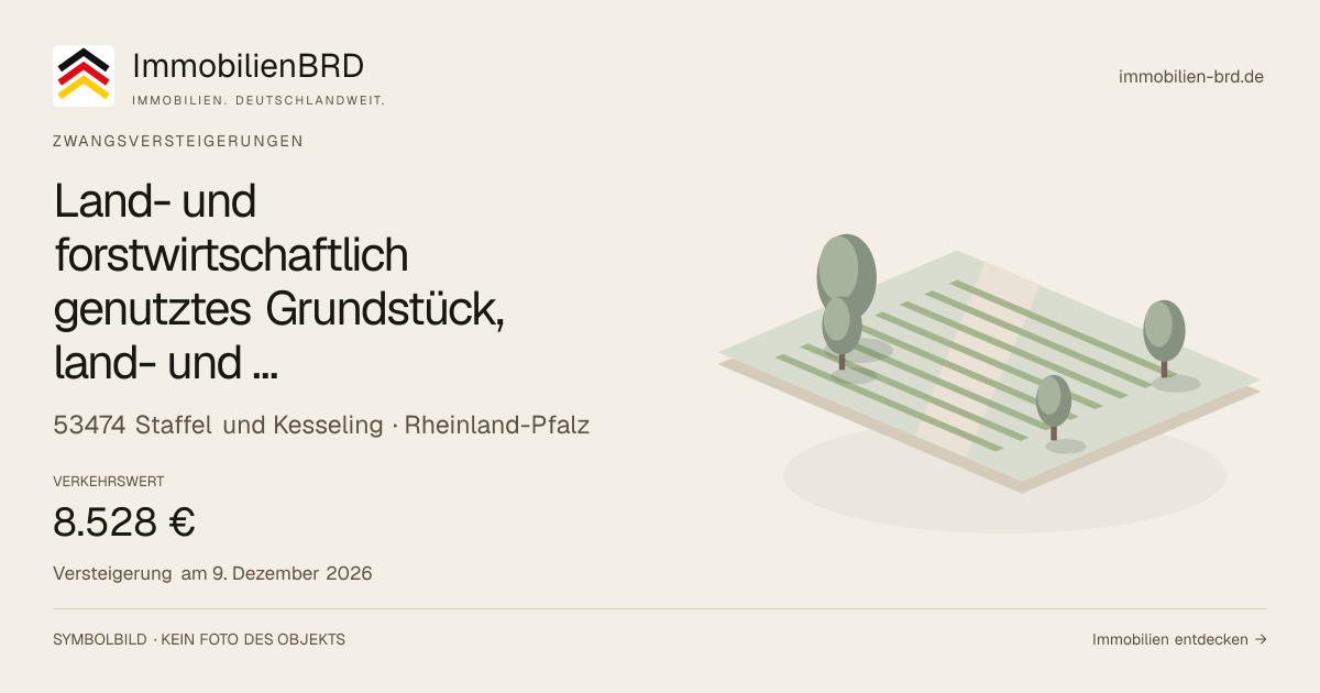 Symbolbild: Land- und forstwirtschaftlich genutztes Grundstück, land- und forstwirtschaftliche Grundstücke /Grünland und Wald / Gehölz in Staffel und Kesseling — Zwangsversteigerung, kein Foto des Objekts