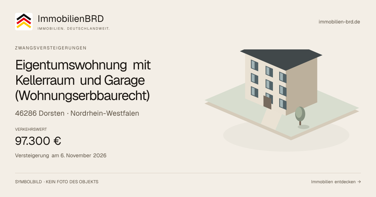 Symbolbild: Eigentumswohnung mit Kellerraum und Garage (Wohnungserbbaurecht) in Dorsten — Zwangsversteigerung, kein Foto des Objekts