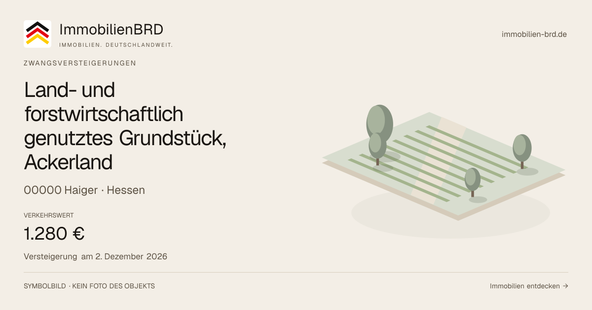 Symbolbild: Land- und forstwirtschaftlich genutztes Grundstück, Ackerland in Haiger — Zwangsversteigerung, kein Foto des Objekts
