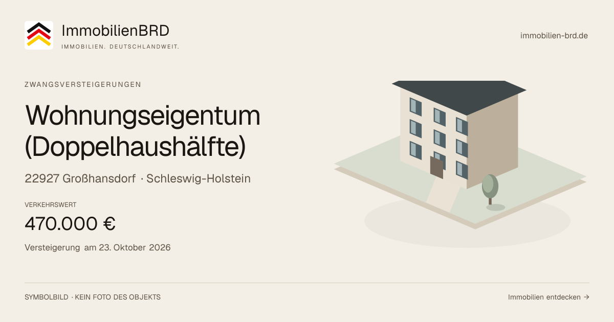 Symbolbild: Wohnungseigentum (Doppelhaushälfte) in Großhansdorf — Zwangsversteigerung, kein Foto des Objekts