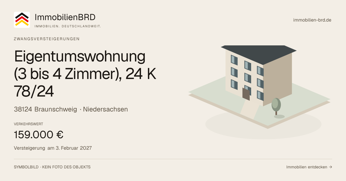 Symbolbild: Eigentumswohnung (3 bis 4 Zimmer), 24 K 78/24 in Braunschweig — Zwangsversteigerung, kein Foto des Objekts