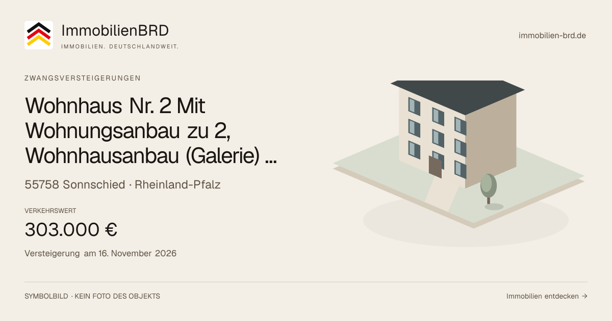 Symbolbild: Wohnhaus Nr. 2 Mit Wohnungsanbau zu 2, Wohnhausanbau (Galerie), Ferienhaus, Heulager, Offenstall, Lageranbau mit drei Carports (ehem. Wohnhaus Nr. 1) und einem Carport in Sonnschied — Zwangsversteigerung, kein Foto des Objekts