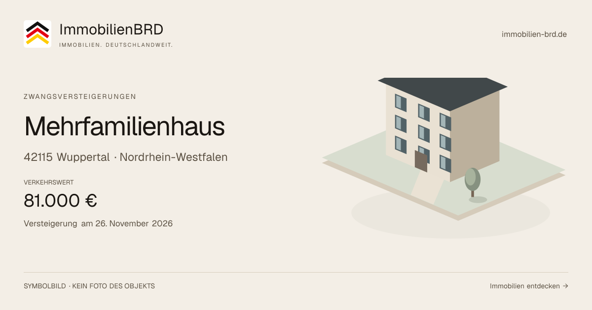 Symbolbild: Mehrfamilienhaus in Wuppertal — Zwangsversteigerung, kein Foto des Objekts