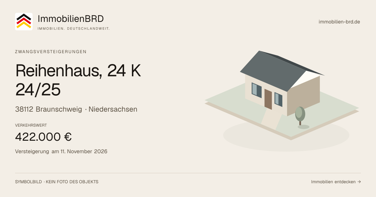 Symbolbild: Reihenhaus, 24 K 24/25 in Braunschweig — Zwangsversteigerung, kein Foto des Objekts