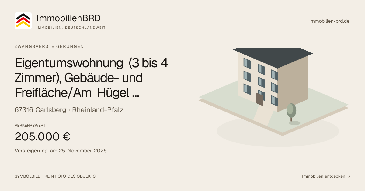 Symbolbild: Eigentumswohnung (3 bis 4 Zimmer), Gebäude- und Freifläche/Am Hügel 20, 67316 Carlsberg in Carlsberg — Zwangsversteigerung, kein Foto des Objekts