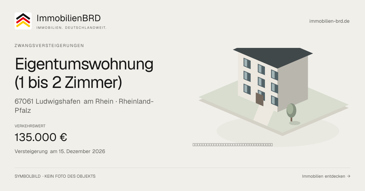 Symbolbild: Eigentumswohnung (1 bis 2 Zimmer) in Ludwigshafen am Rhein — Zwangsversteigerung, kein Foto des Objekts