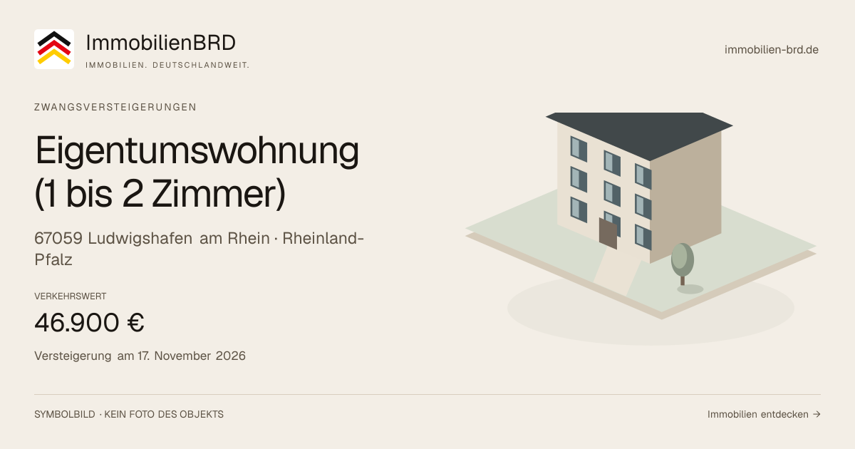 Symbolbild: Eigentumswohnung (1 bis 2 Zimmer) in Ludwigshafen am Rhein — Zwangsversteigerung, kein Foto des Objekts
