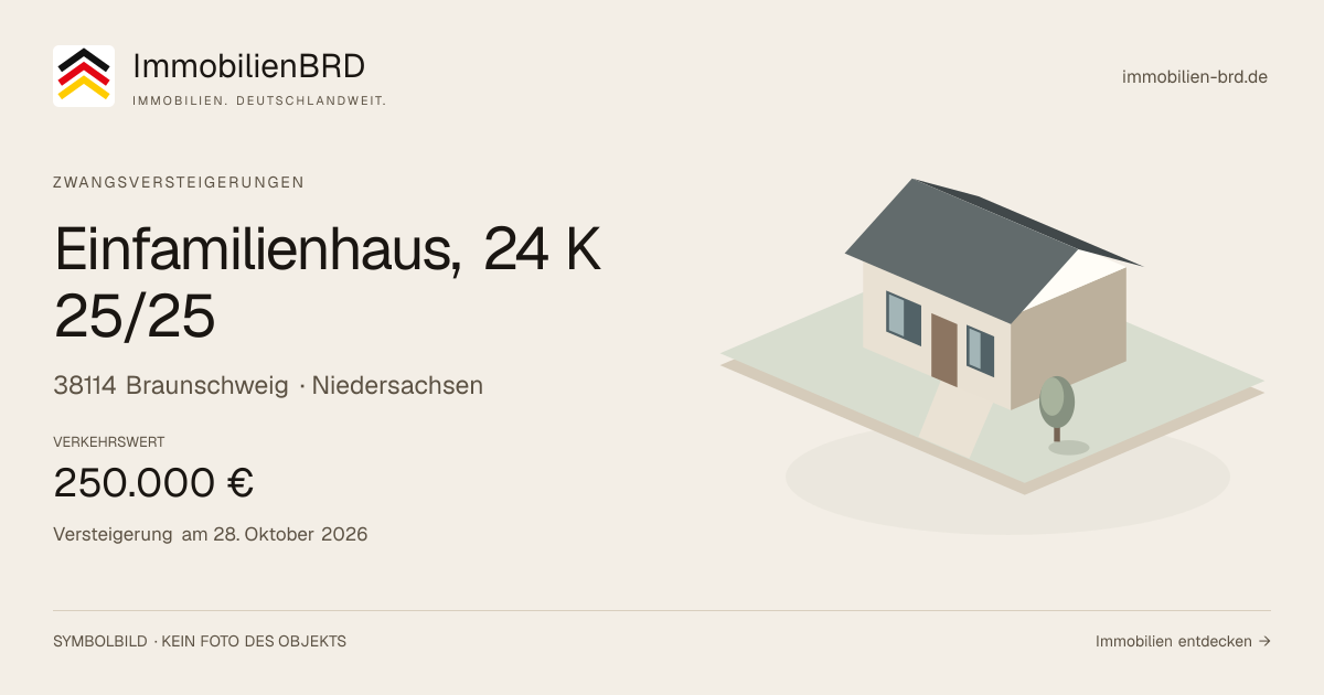 Symbolbild: Einfamilienhaus, 24 K 25/25 in Braunschweig — Zwangsversteigerung, kein Foto des Objekts