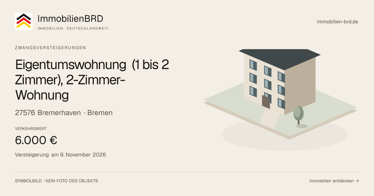 Symbolbild: Eigentumswohnung (1 bis 2 Zimmer), 2-Zimmer-Wohnung in Bremerhaven — Zwangsversteigerung, kein Foto des Objekts