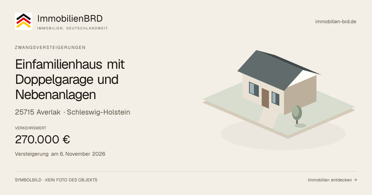Symbolbild: Einfamilienhaus mit Doppelgarage und Nebenanlagen in Averlak — Zwangsversteigerung, kein Foto des Objekts