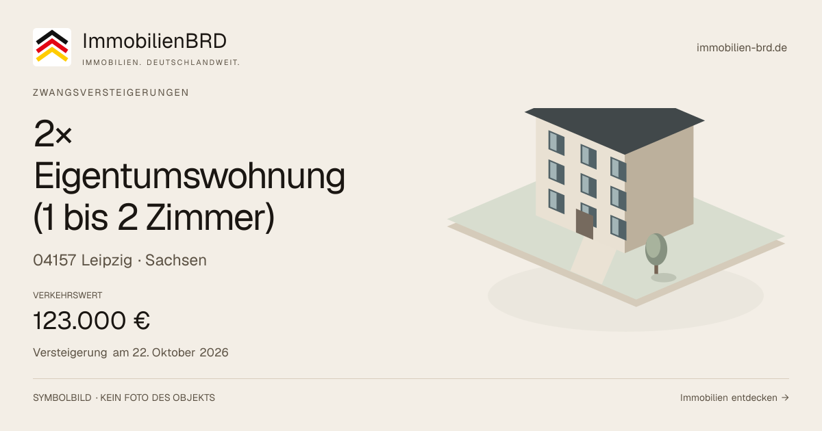 Symbolbild: 2× Eigentumswohnung (1 bis 2 Zimmer) in Leipzig — Zwangsversteigerung, kein Foto des Objekts