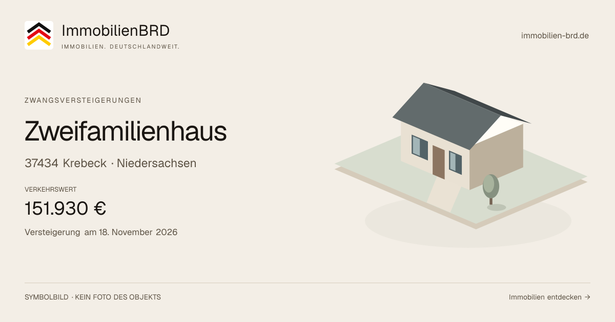Symbolbild: Zweifamilienhaus in Krebeck — Zwangsversteigerung, kein Foto des Objekts