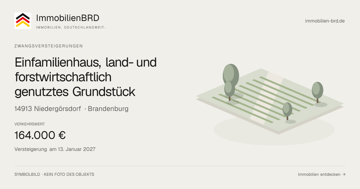 Symbolbild: Einfamilienhaus, land- und forstwirtschaftlich genutztes Grundstück in Niedergörsdorf — Zwangsversteigerung, kein Foto des Objekts