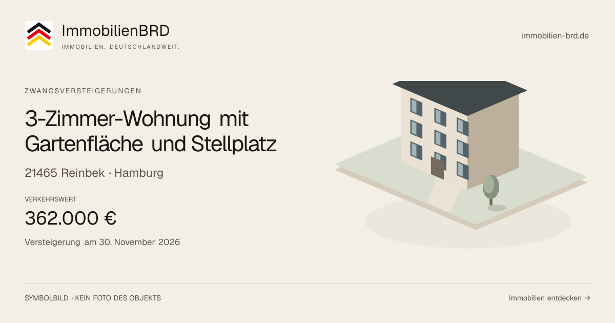 Symbolbild: 3-Zimmer-Wohnung mit Gartenfläche und Stellplatz in Reinbek — Zwangsversteigerung, kein Foto des Objekts