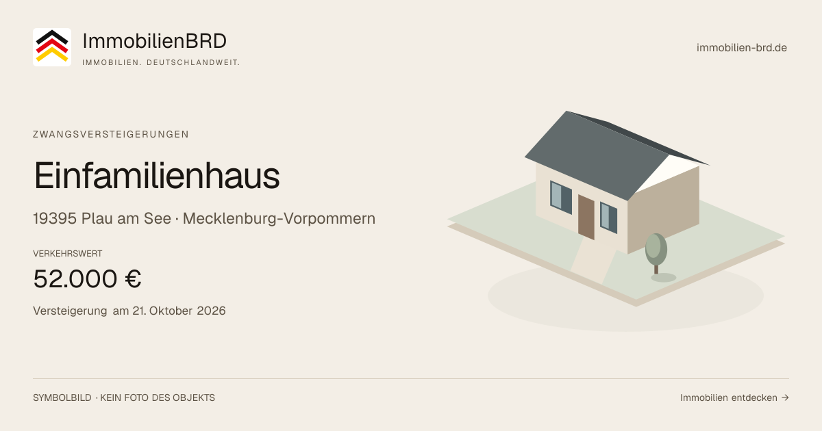 Symbolbild: Einfamilienhaus in Plau am See — Zwangsversteigerung, kein Foto des Objekts