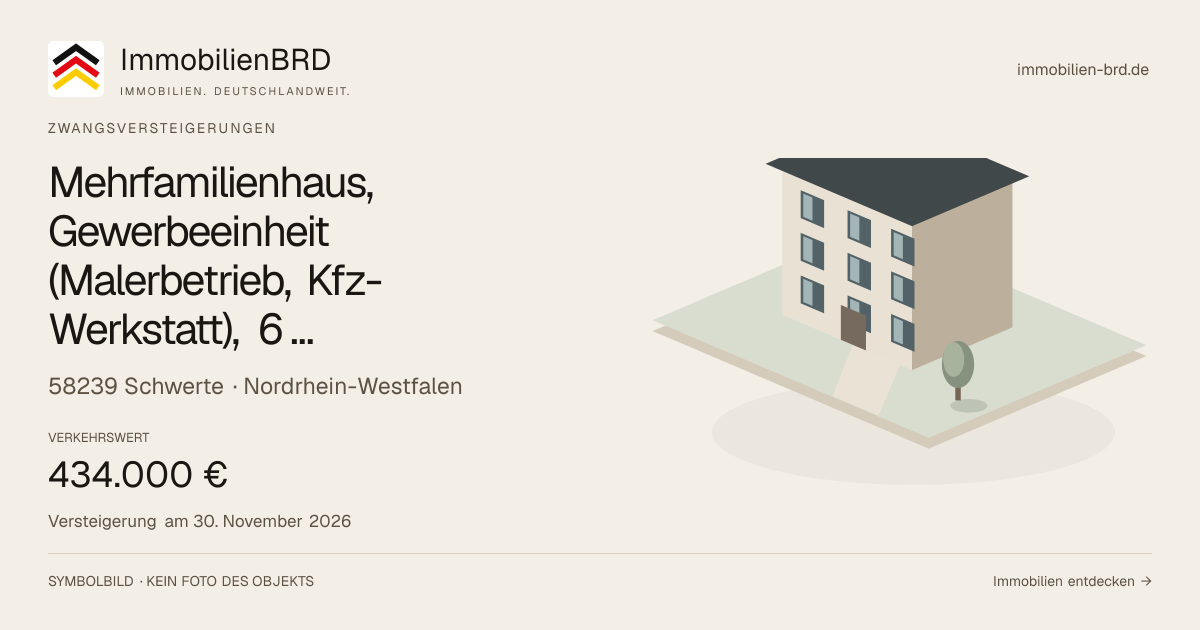 Symbolbild: Mehrfamilienhaus, Gewerbeeinheit (Malerbetrieb, Kfz-Werkstatt), 6 Fertiggaragen in Schwerte — Zwangsversteigerung, kein Foto des Objekts