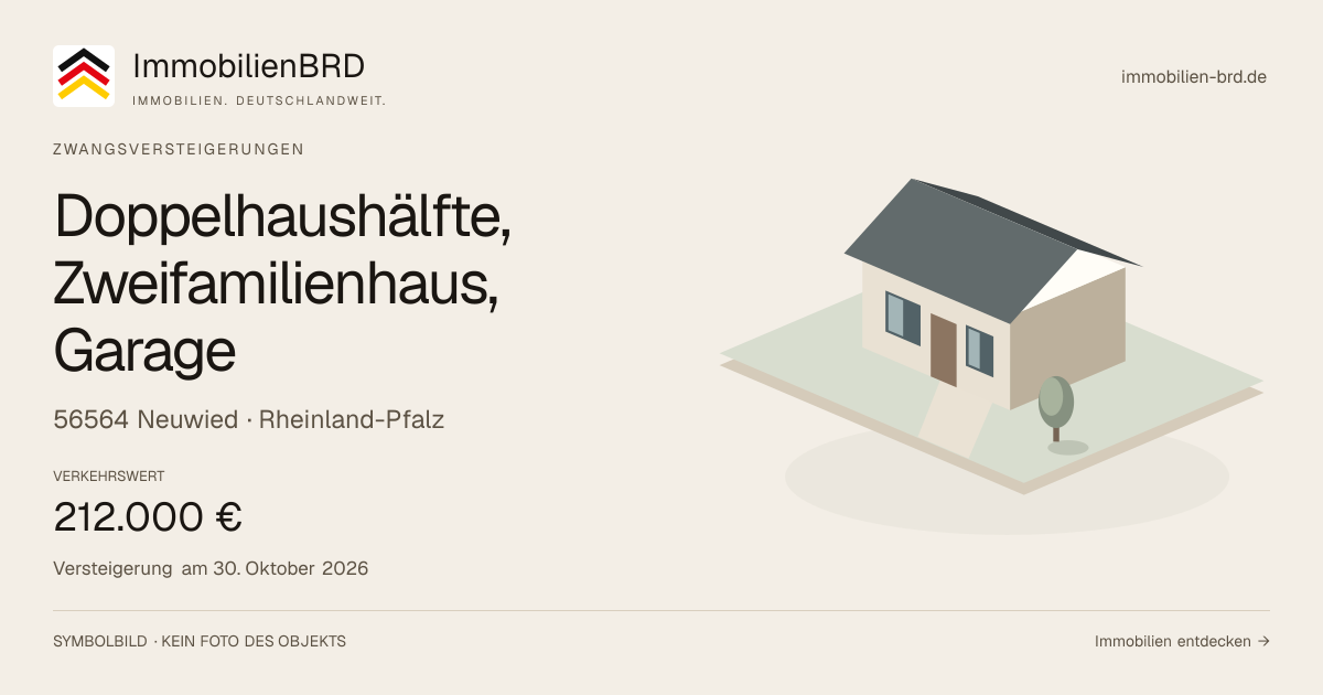 Symbolbild: Doppelhaushälfte, Zweifamilienhaus, Garage in Neuwied — Zwangsversteigerung, kein Foto des Objekts