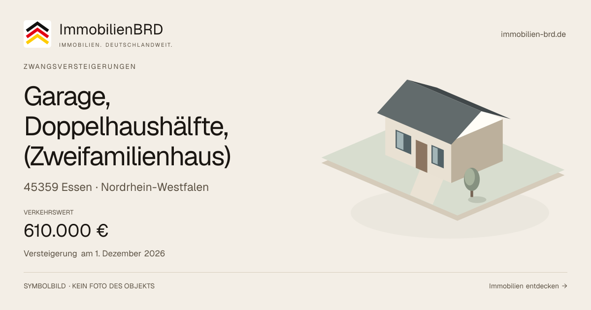 Symbolbild: Garage, Doppelhaushälfte, (Zweifamilienhaus) in Essen — Zwangsversteigerung, kein Foto des Objekts