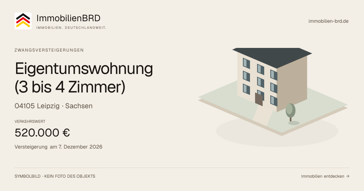 Symbolbild: Eigentumswohnung (3 bis 4 Zimmer) in Leipzig — Zwangsversteigerung, kein Foto des Objekts