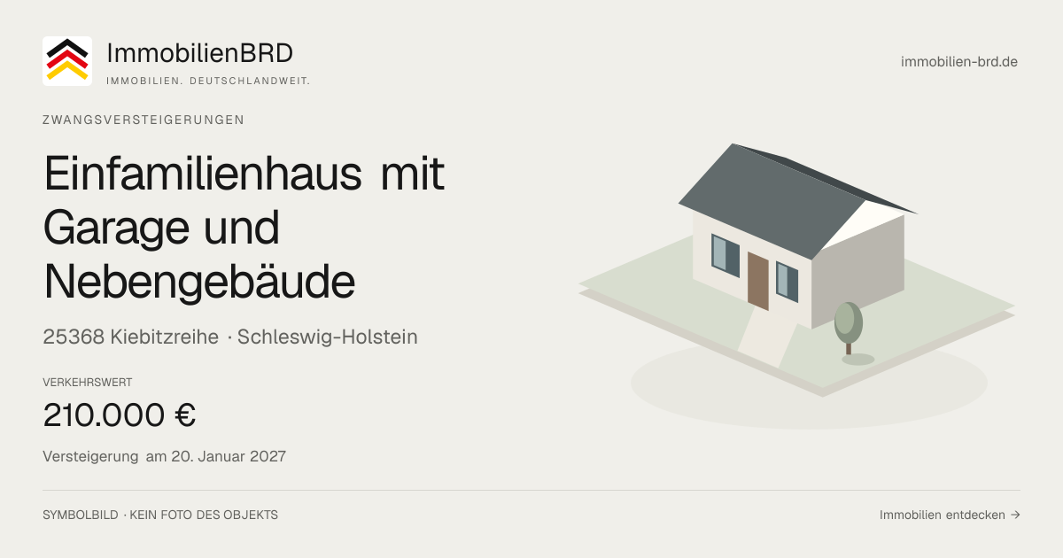 Symbolbild: Einfamilienhaus mit Garage und Nebengebäude in Kiebitzreihe — Zwangsversteigerung, kein Foto des Objekts