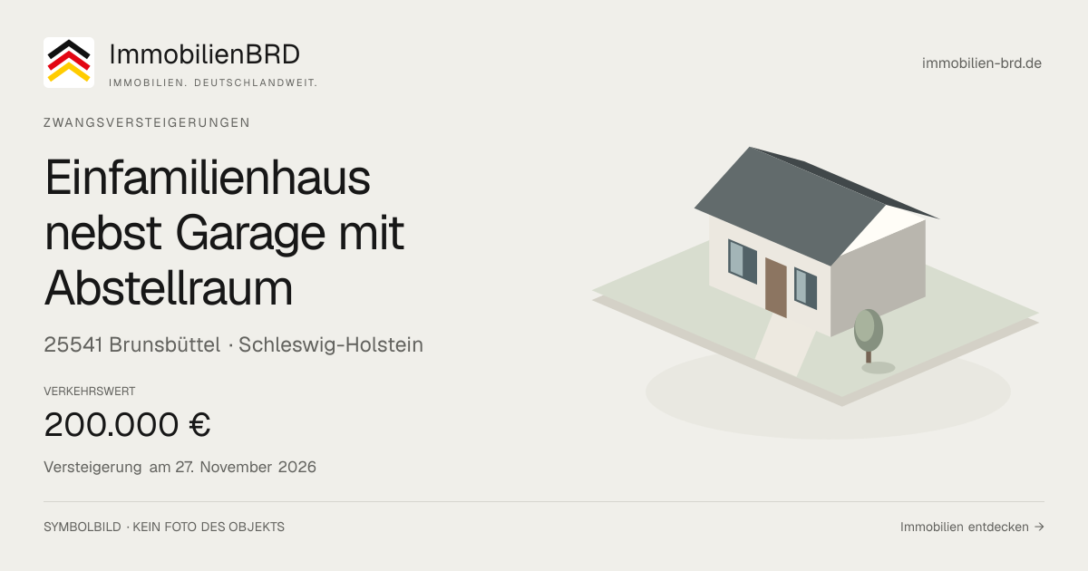 Symbolbild: Einfamilienhaus nebst Garage mit Abstellraum in Brunsbüttel — Zwangsversteigerung, kein Foto des Objekts