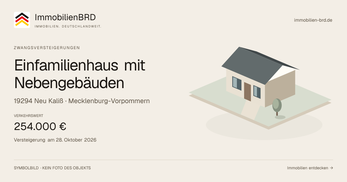 Symbolbild: Einfamilienhaus mit Nebengebäuden in Neu Kaliß — Zwangsversteigerung, kein Foto des Objekts