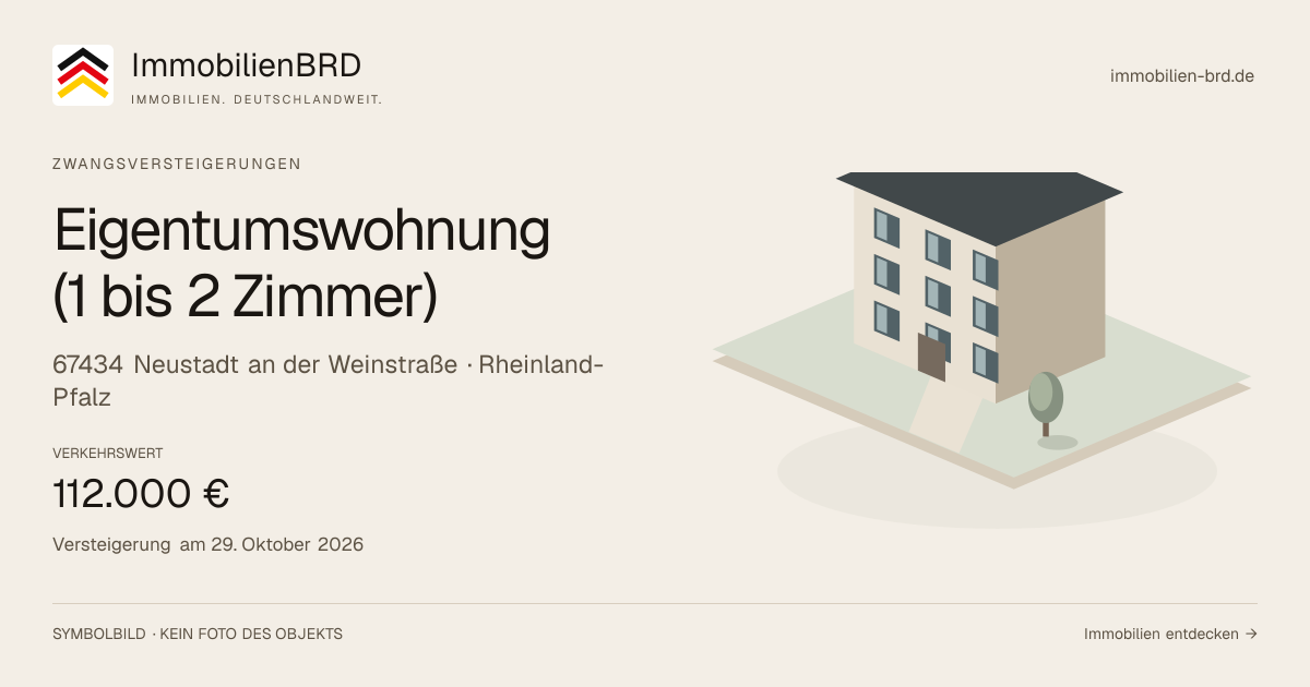 Symbolbild: Eigentumswohnung (1 bis 2 Zimmer) in Neustadt an der Weinstraße — Zwangsversteigerung, kein Foto des Objekts