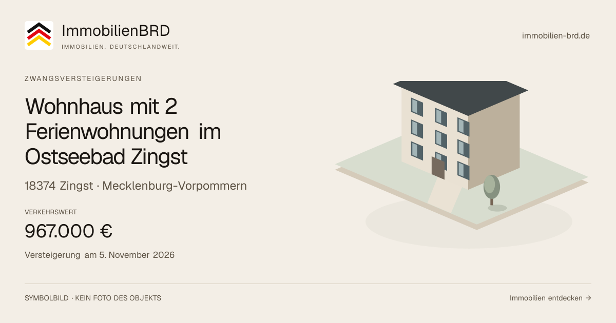 Symbolbild: Wohnhaus mit 2 Ferienwohnungen im Ostseebad Zingst in Zingst — Zwangsversteigerung, kein Foto des Objekts
