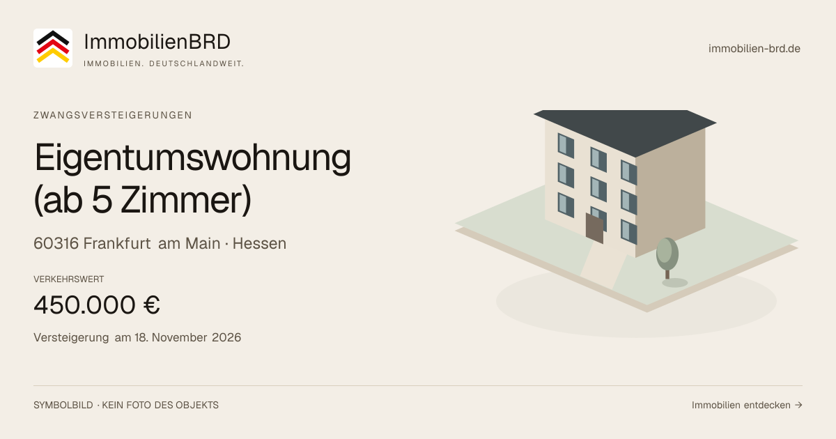 Symbolbild: Eigentumswohnung (ab 5 Zimmer) in Frankfurt am Main — Zwangsversteigerung, kein Foto des Objekts