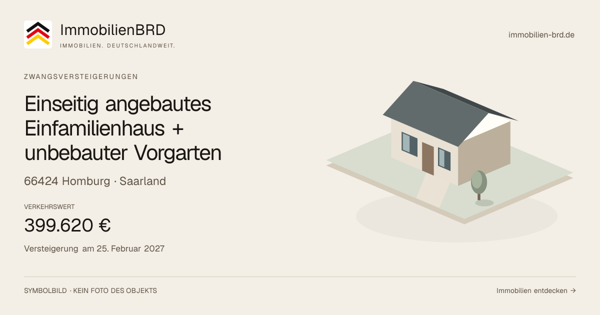 Symbolbild: Einseitig angebautes Einfamilienhaus + unbebauter Vorgarten in Homburg — Zwangsversteigerung, kein Foto des Objekts