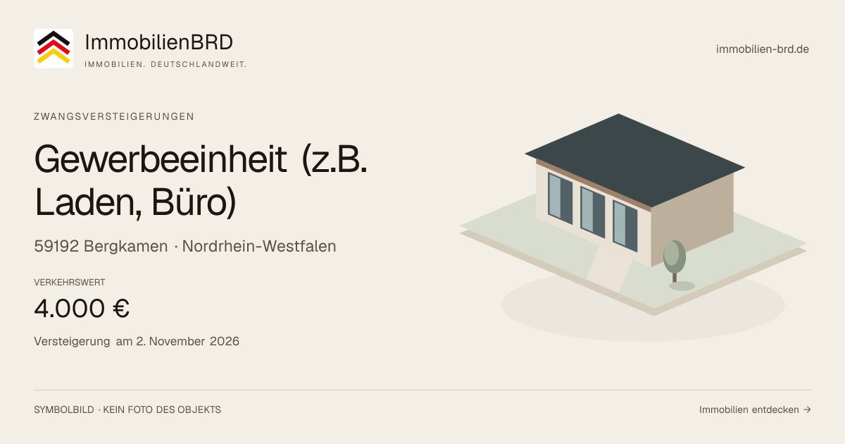 Symbolbild: Gewerbeeinheit (z.B. Laden, Büro) in Bergkamen — Zwangsversteigerung, kein Foto des Objekts
