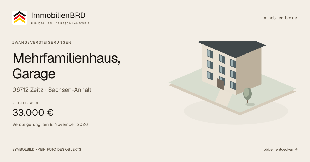 Symbolbild: Mehrfamilienhaus, Garage in Zeitz — Zwangsversteigerung, kein Foto des Objekts