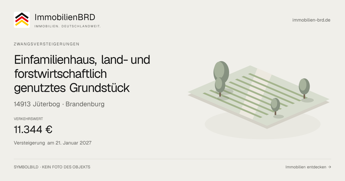 Symbolbild: Einfamilienhaus, land- und forstwirtschaftlich genutztes Grundstück in Jüterbog — Zwangsversteigerung, kein Foto des Objekts