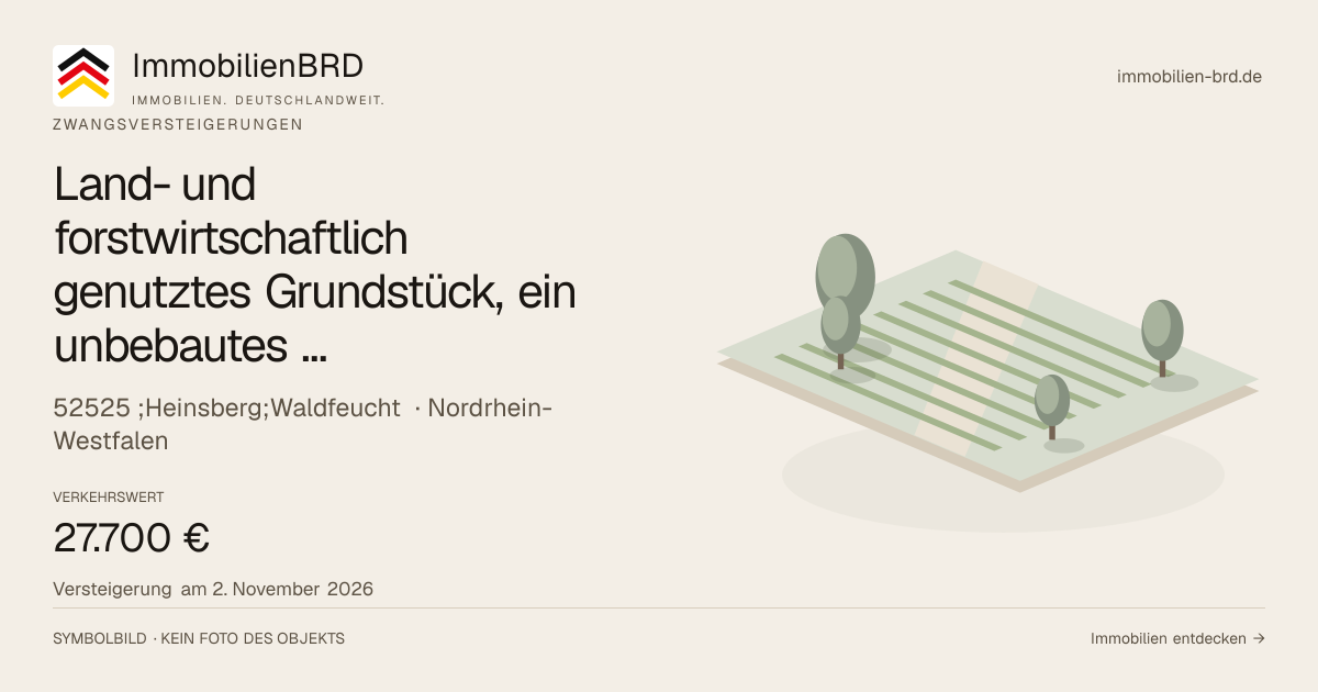 Symbolbild: Land- und forstwirtschaftlich genutztes Grundstück, ein unbebautes landwirtschaftliches Ackergrundstück in ;Heinsberg;Waldfeucht — Zwangsversteigerung, kein Foto des Objekts
