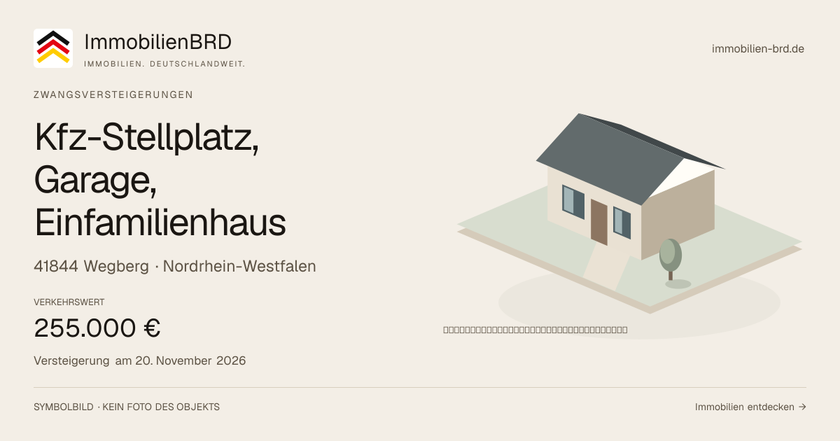 Symbolbild: Kfz-Stellplatz, Garage, Einfamilienhaus in Wegberg — Zwangsversteigerung, kein Foto des Objekts