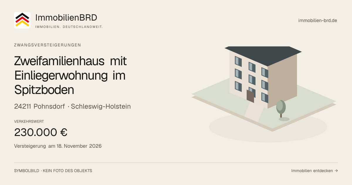 Symbolbild: Zweifamilienhaus mit Einliegerwohnung im Spitzboden in Pohnsdorf — Zwangsversteigerung, kein Foto des Objekts