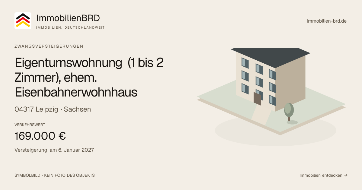 Symbolbild: Eigentumswohnung (1 bis 2 Zimmer), ehem. Eisenbahnerwohnhaus in Leipzig — Zwangsversteigerung, kein Foto des Objekts