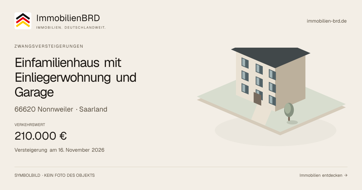 Symbolbild: Einfamilienhaus mit Einliegerwohnung und Garage in Nonnweiler — Zwangsversteigerung, kein Foto des Objekts