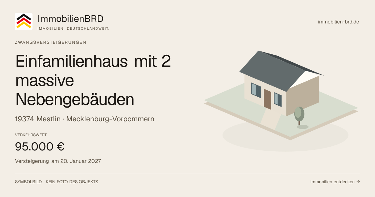 Symbolbild: Einfamilienhaus mit 2 massive Nebengebäuden in Mestlin — Zwangsversteigerung, kein Foto des Objekts