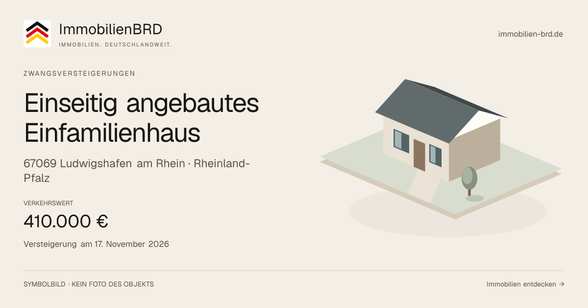 Symbolbild: Einseitig angebautes Einfamilienhaus in Ludwigshafen am Rhein — Zwangsversteigerung, kein Foto des Objekts