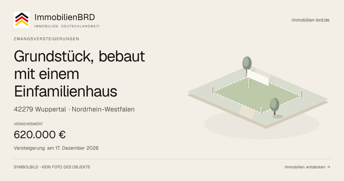 Symbolbild: Grundstück, bebaut mit einem Einfamilienhaus in Wuppertal — Zwangsversteigerung, kein Foto des Objekts