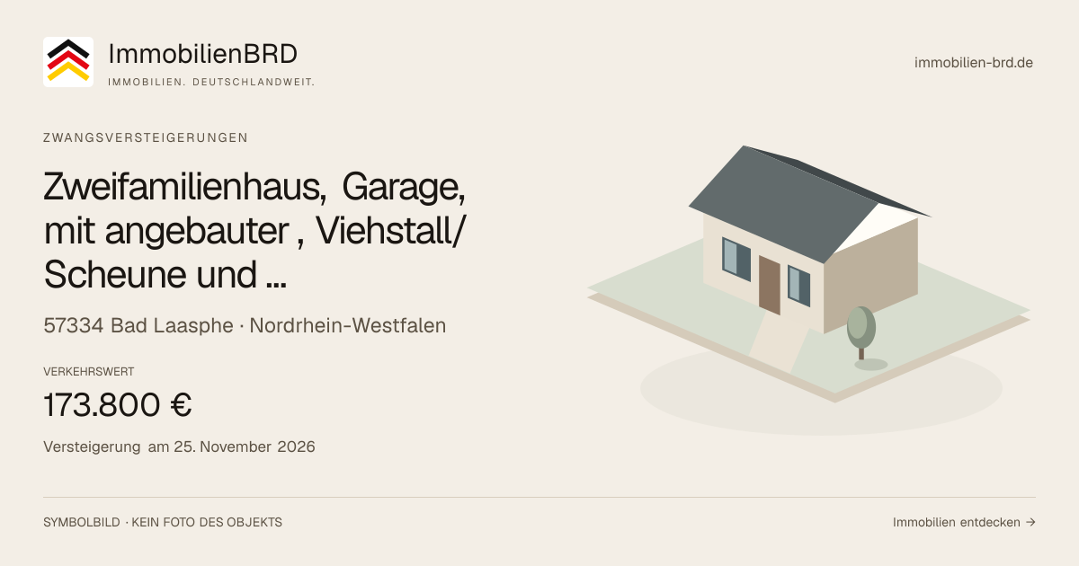 Symbolbild: Zweifamilienhaus, Garage, mit angebauter , Viehstall/Scheune und Viehunterstand in Bad Laasphe — Zwangsversteigerung, kein Foto des Objekts