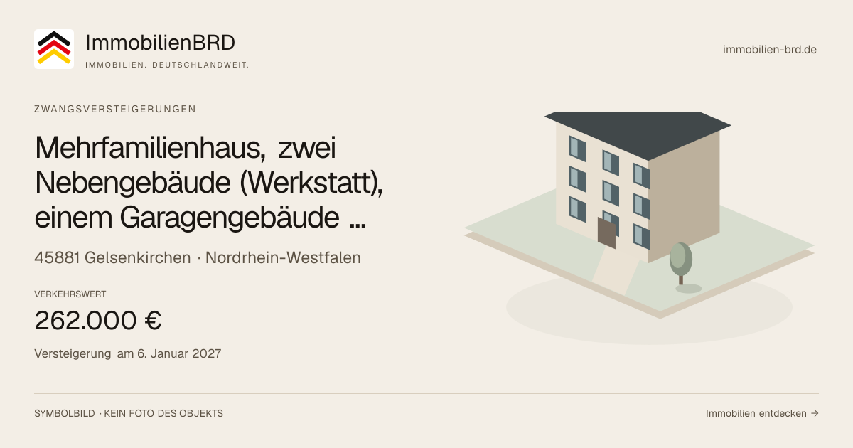 Symbolbild: Mehrfamilienhaus, zwei Nebengebäude (Werkstatt), einem Garagengebäude (Einzelgarage) und vier Reihengaragen in Gelsenkirchen — Zwangsversteigerung, kein Foto des Objekts