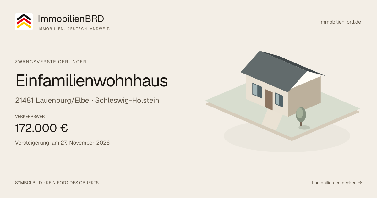 Symbolbild: Einfamilienwohnhaus in Lauenburg/Elbe — Zwangsversteigerung, kein Foto des Objekts